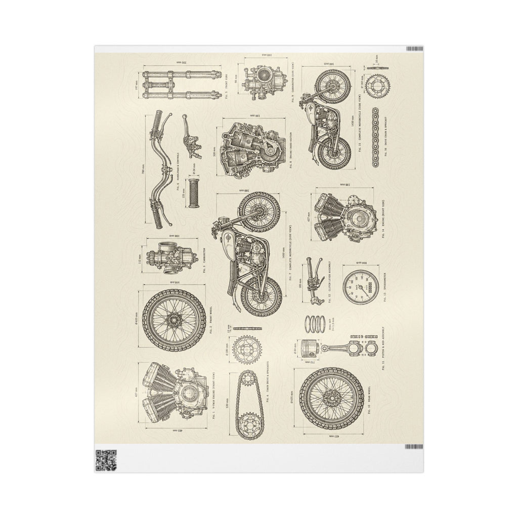 Vintage Motorcycle Blueprint Wrapping Paper