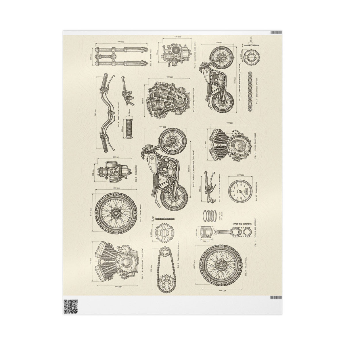 Vintage Motorcycle Blueprint Wrapping Paper