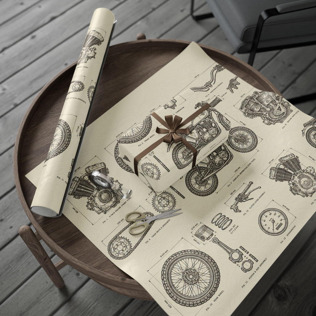 Vintage Motorcycle Blueprint Wrapping Paper